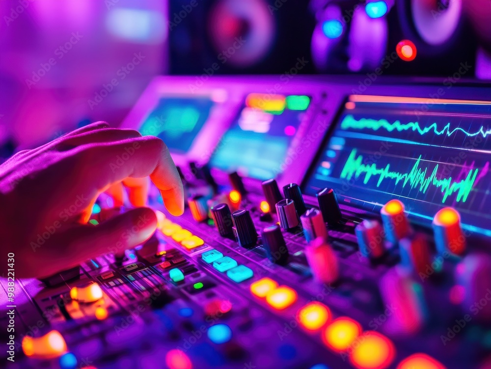 A colorful close-up of a hand adjusting a digital mixer with vibrant lights, capturing the essence of music production. A colorful close-up of a hand adjusting a digital mixer with vibrant lights, capturing the essence of music production.