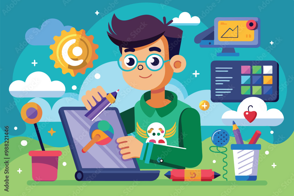 A young artist sketches on a laptop, surrounded by creative tools like colored pencils and a paintbrush, in a vibrant, sunny outdoor environment. A young artist sketches on a laptop, surrounded by creative tools like colored pencils and a paintbrush, in a vibrant, sunny outdoor environment.