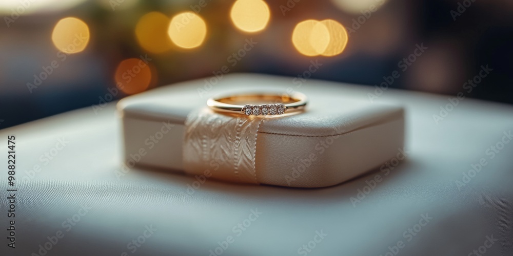 Elegant wedding ring box, intricate design showcased, soft bokeh background enhances charm, romantic ambiance created by gentle lighting Elegant wedding ring box, intricate design showcased, soft bokeh background enhances charm, romantic ambiance created by gentle lighting