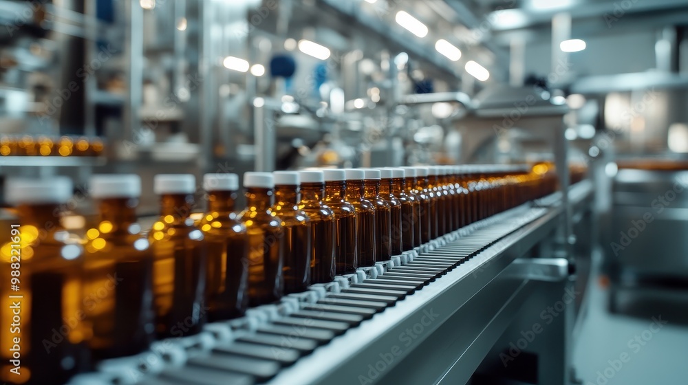 Amber Glass Bottles on Factory Assembly Line Amber Glass Bottles on Factory Assembly Line