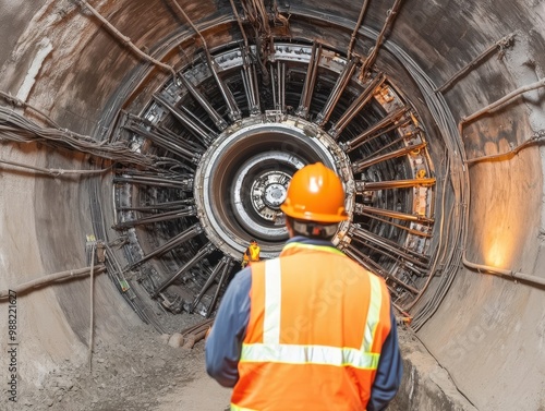 A construction worker observes machinery inside an underground tunnel, showcasing work safety and engineering advancements.