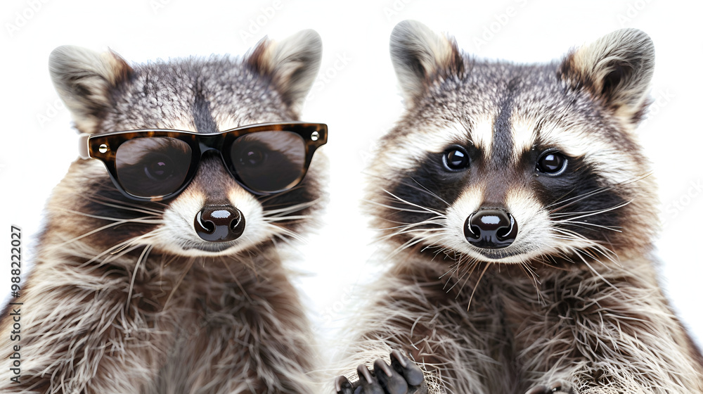 Fototapeta premium Curious raccoons posing together in a fun and adorable setting, perfect wildlife photography of raccoon siblings, ideal for forest animal lovers and outdoor nature enthusiasts