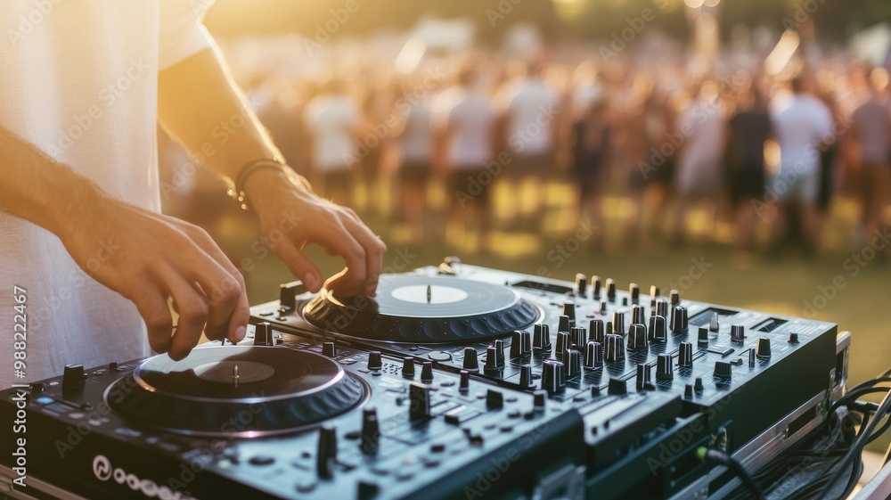 A DJ performing live at an outdoor festival, mixing tracks with energy, surrounded by an enthusiastic crowd under the sunset. A DJ performing live at an outdoor festival, mixing tracks with energy, surrounded by an enthusiastic crowd under the sunset.