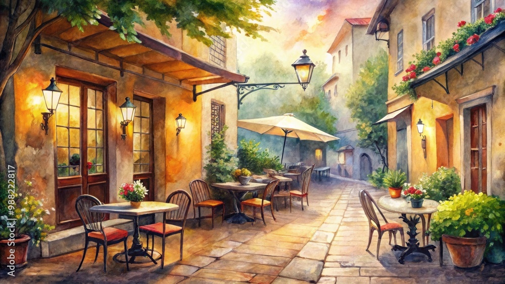 Obraz premium Charming watercolor of a cozy cafe street scene , watercolor, cafe, street, charming,city, outdoor, architecture, building, sidewalk