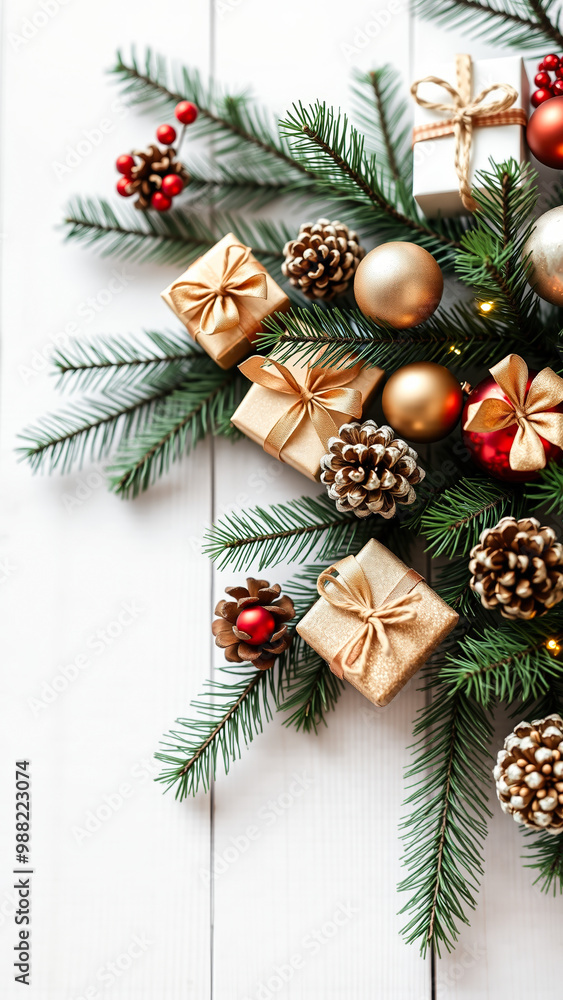 Festive Christmas Decor with Pine Branches, Gifts, and Ornaments Festive Christmas Decor with Pine Branches, Gifts, and Ornaments
