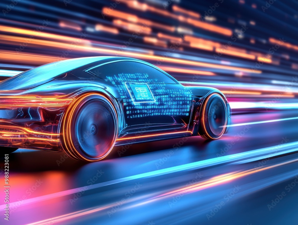 A futuristic car racing through vibrant neon lights, symbolizing speed, technology, and innovation in the automotive industry. A futuristic car racing through vibrant neon lights, symbolizing speed, technology, and innovation in the automotive industry.