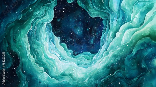 Abstract Watercolor Painting of a Cosmic Ocean with a Starry Sky photo