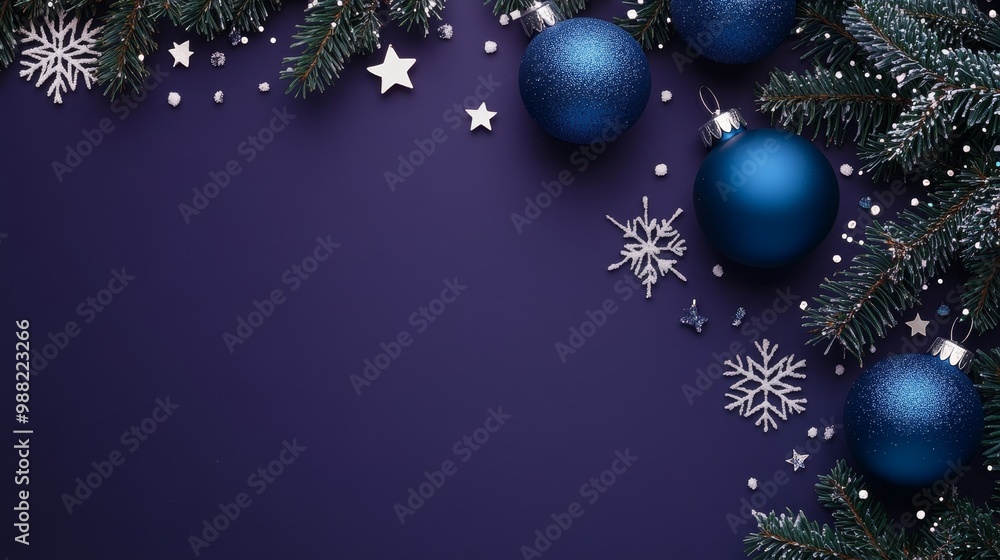 Elegant Winter Holiday Flat Lay with Blue Baubles, White Stars, and Snowflakes on Dark Purple Background Elegant Winter Holiday Flat Lay with Blue Baubles, White Stars, and Snowflakes on Dark Purple Background