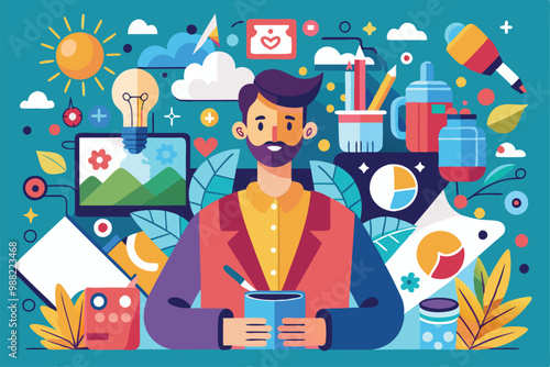 A creative person enjoys a hot drink while surrounded by various art supplies and inspiring visuals in a vibrant studio setting.