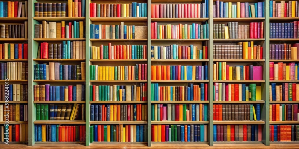 Shelves filled with colorful books in a library setting, Education, literature, reading, study, learning, academic Shelves filled with colorful books in a library setting, Education, literature, reading, study, learning, academic