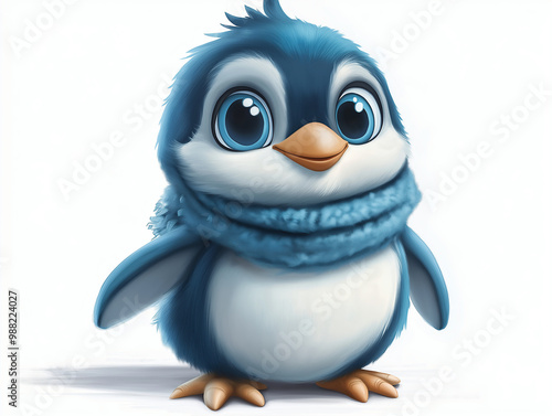Cute Playful Penguin Character: Adorable Blue Cartoon in Snowy Scene - Children's Book Illustration