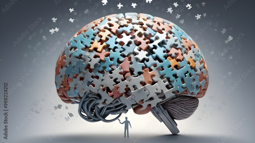 A human brain made of intricate puzzle pieces, some of which are ...