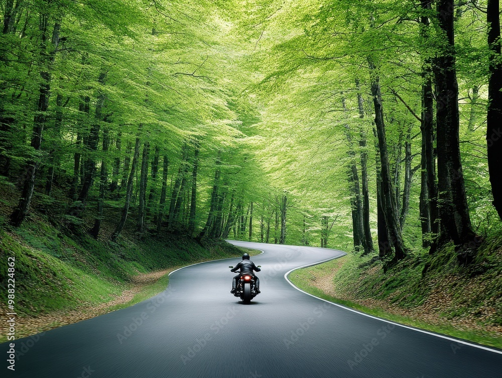A motorcycle rides through a winding road surrounded by lush green trees, creating a serene and adventurous atmosphere. A motorcycle rides through a winding road surrounded by lush green trees, creating a serene and adventurous atmosphere.