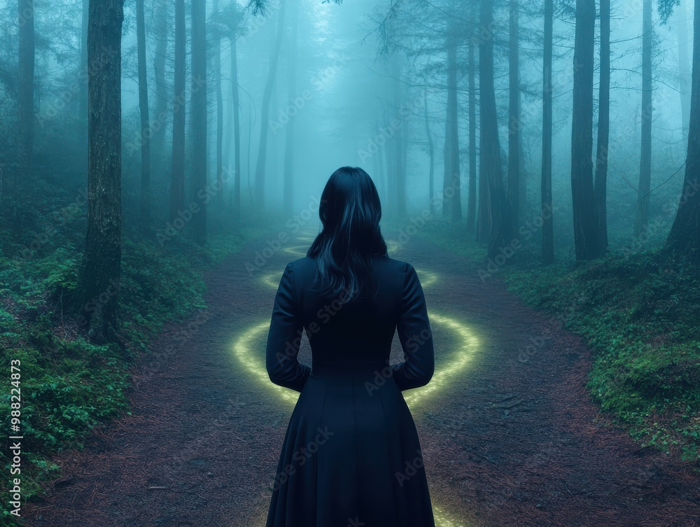A mysterious figure stands at a foggy forest crossroads, illuminated by a glowing path. Enigmatic ambiance invites contemplation. A mysterious figure stands at a foggy forest crossroads, illuminated by a glowing path. Enigmatic ambiance invites contemplation.
