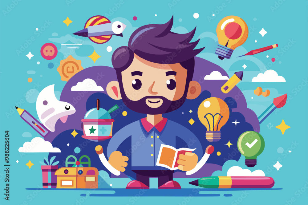 Naklejka premium A young man holds a book while surrounded by colorful icons symbolizing creativity and innovation in a vibrant artistic environment.