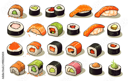 Sushi, various toppings on white background, Japanese food, Sushi set