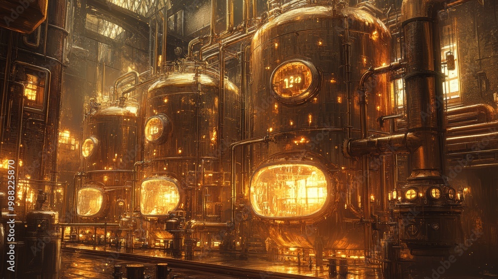 A fermentation tank in a brewery, lit by warm golden lights, with a steampunk twist, gears and pipes intertwining around the tank, detailed illustration, sepia tones A fermentation tank in a brewery, lit by warm golden lights, with a steampunk twist, gears and pipes intertwining around the tank, detailed illustration, sepia tones