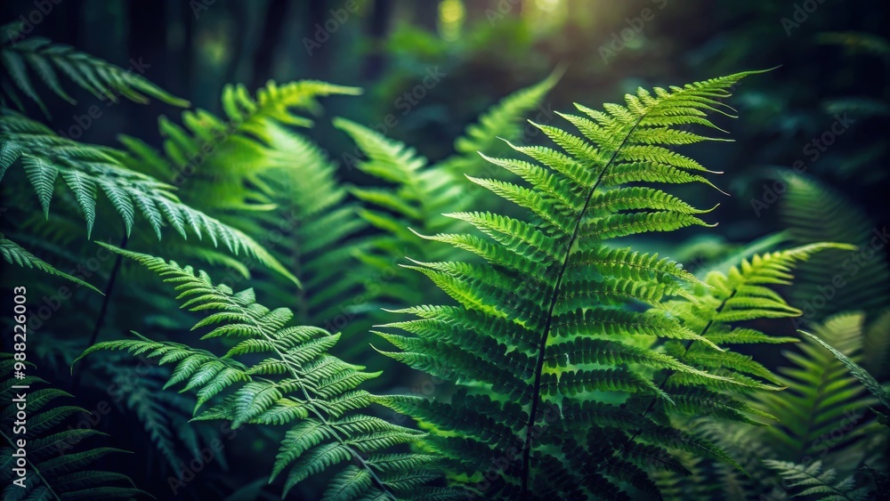 Fototapeta premium Close-up photo of lush ferns and greenery in a dark forest setting, ferns, greenery, forest, texture, close-up, plant