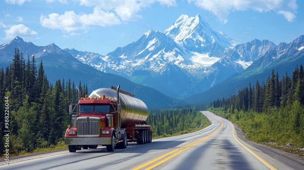 A flatbed truck with a polished stainless steel tank, traveling through a mountainous region, the road curving around dense forests and snow-capped peaks in the distance A flatbed truck with a polished stainless steel tank, traveling through a mountainous region, the road curving around dense forests and snow-capped peaks in the distance