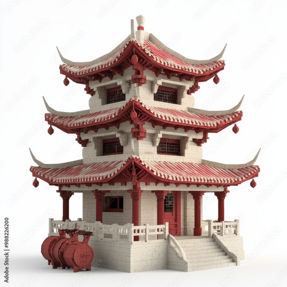 3D Render of a Chinese temple with traditional drum and bell towers, on isolated white background 3D Render of a Chinese temple with traditional drum and bell towers, on isolated white background