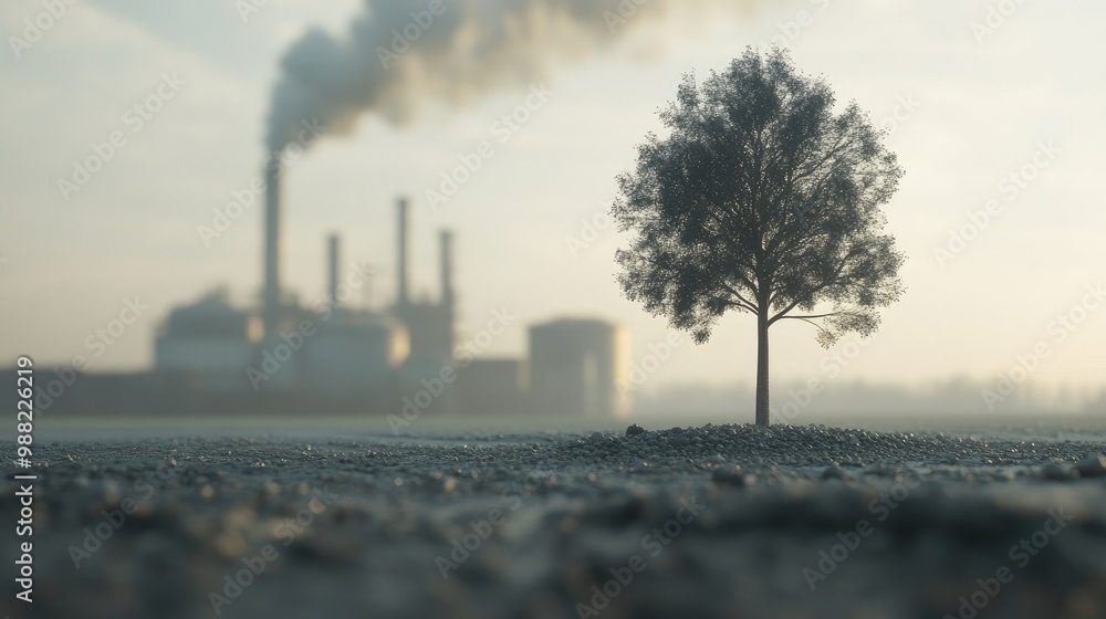A solitary tree in focus with carbon emissions rising from a factory behind, symbolizing natureas resilience amid industrial pollution. A solitary tree in focus with carbon emissions rising from a factory behind, symbolizing natureas resilience amid industrial pollution.
