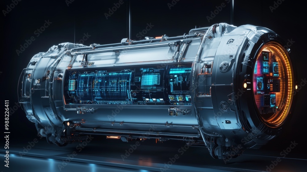 A futuristic stainless steel tank with digital gauges and controls A futuristic stainless steel tank with digital gauges and controls