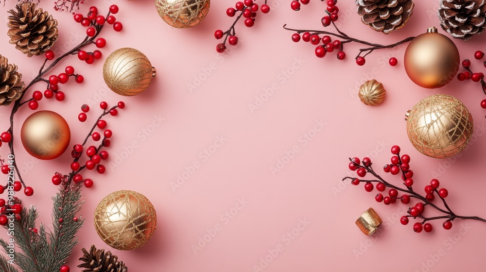 Festive Flat Lay with Golden Ornaments, Red Berries, and Pine Cones on Soft Pink Background for Holiday Greetings. Bright Daylight Adds Cheerful Atmosphere and Text Space. Festive Flat Lay with Golden Ornaments, Red Berries, and Pine Cones on Soft Pink Background for Holiday Greetings. Bright Daylight Adds Cheerful Atmosphere and Text Space.