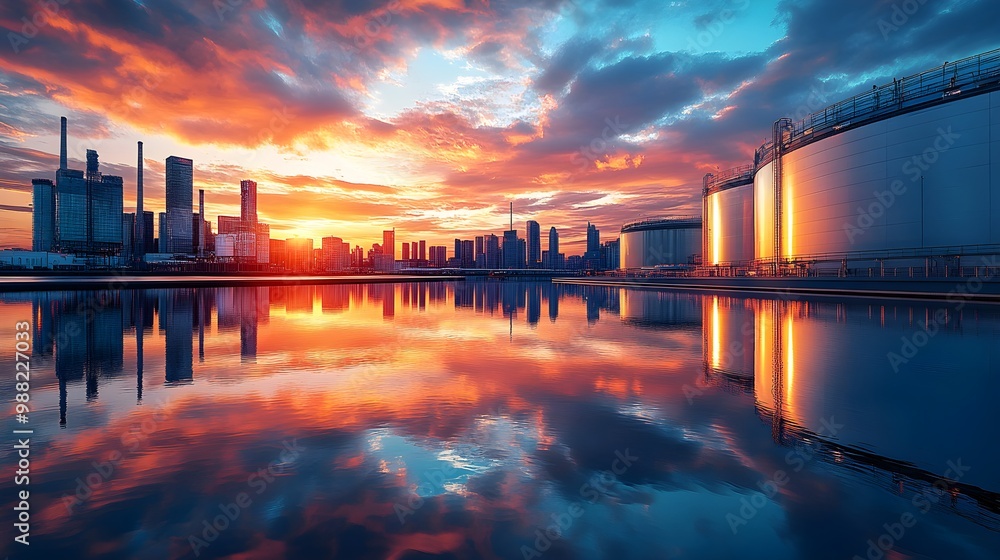 Fototapeta premium A gleaming stainless steel tank reflecting a modern city skyline at sunset, with vivid details of skyscrapers and ambient light subtly captured in its surface