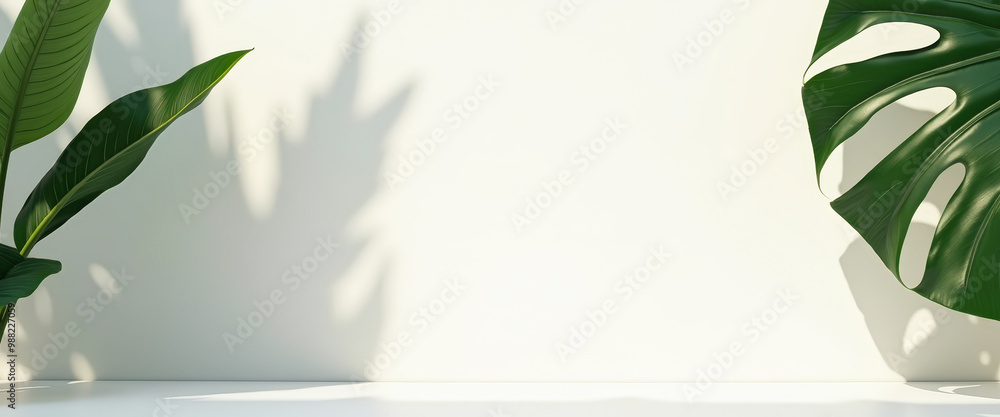 Minimalist White Background with Tropical Leaf Shadows Minimalist White Background with Tropical Leaf Shadows