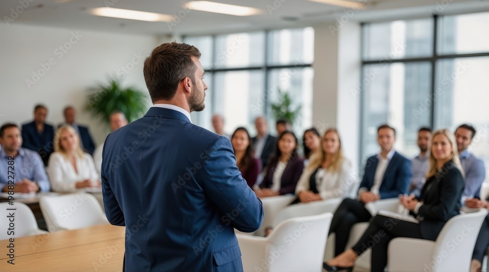 Confident businessman giving a presentation in front of crowd in meeting conference seminar room. Leadership authority teamwork in business concept Confident businessman giving a presentation in front of crowd in meeting conference seminar room. Leadership authority teamwork in business concept