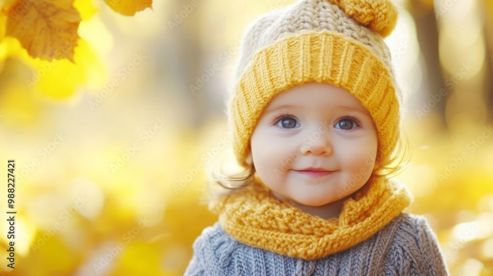 Autumn Baby Portrait In Fall Yellow Leaves, Little Child In Woolen Hat, Beautiful Kid in Park Outdoor, Knitted Clothing for October Season Autumn Baby Portrait In Fall Yellow Leaves, Little Child In Woolen Hat, Beautiful Kid in Park Outdoor, Knitted Clothing for October Season