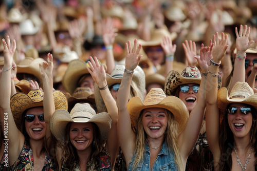 Crowd at a country music show, everyone is wearing a cowboy hat, hapinnes, joy . AI generative. photo