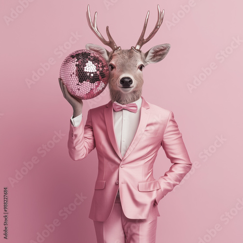 Portrait of reindeer in pink suit holding shiny disco ball. Merry Christmas and Happy New Year Background.