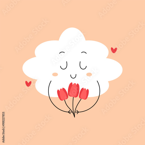 Cute spring cloud with a smiling face holding tulle flowers. Vector illustration