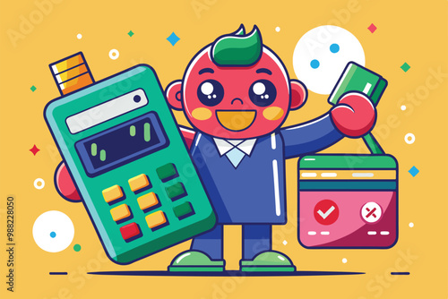 A cheerful character, dressed in a suit, holds a calculator and a credit card, set against a vibrant yellow background filled with colorful dots.