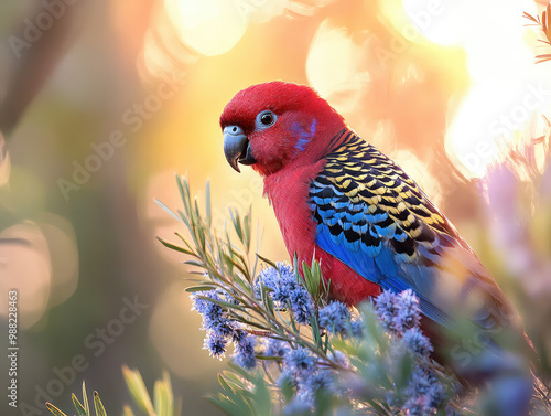 Crimson Rosella Bird Perched on Branch in Blooming Tree photo