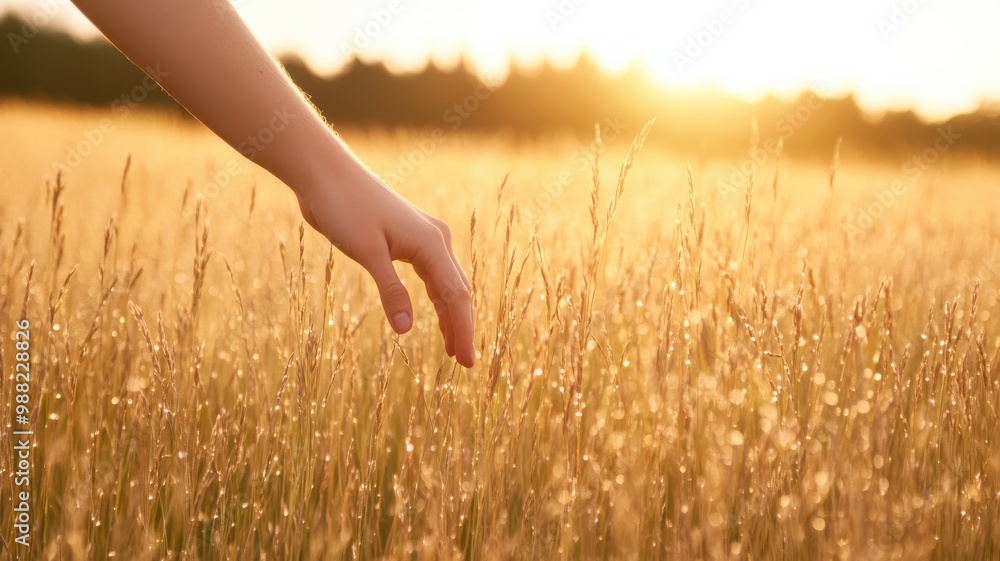 A serene sunset scene with a hand reaching out to touch golden grass in a peaceful field. A serene sunset scene with a hand reaching out to touch golden grass in a peaceful field.