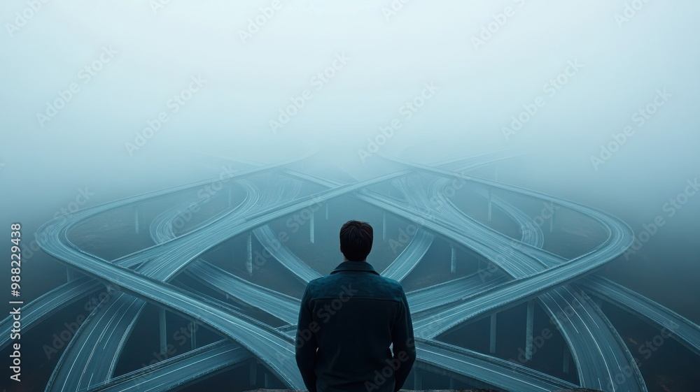 Obraz premium A solitary figure stands at a foggy intersection of highways, symbolizing choices and uncertainty in modern life.