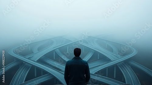 A solitary figure stands at a foggy intersection of highways, symbolizing choices and uncertainty in modern life.
