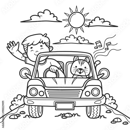 Boy and Cat Road Trip Coloring Page