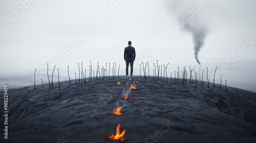 A solitary figure stands on a desolate landscape, surrounded by flames and smoke, symbolizing struggle and resilience in harsh environments. photo