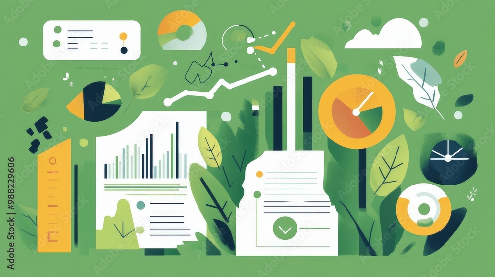 Fototapeta premium Corporate report with eco-friendly icons and graphs, demonstrating sustainable business practices and social responsibility in renewable energy.