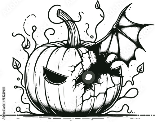 Adobe Illustrator Artwork line art vector illustration depicting a pumpkin transforming into a spooky creature