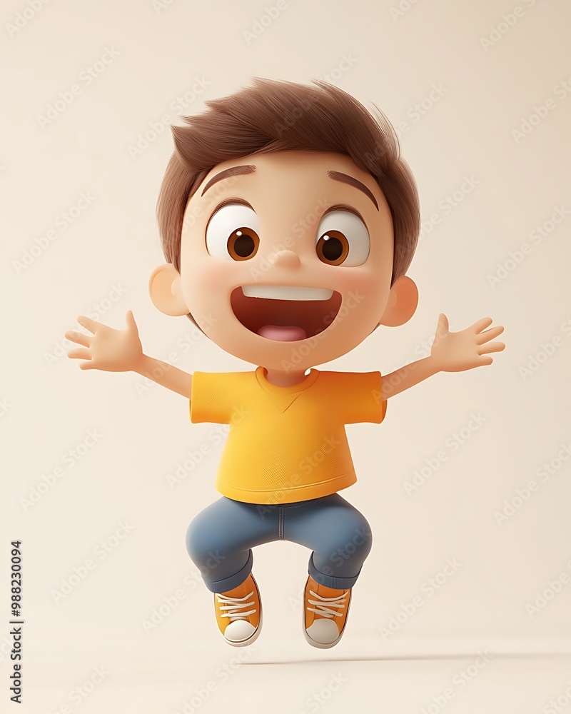 3D Illustration of a Cheerful Boy Jumping with Joy 3D Illustration of a Cheerful Boy Jumping with Joy
