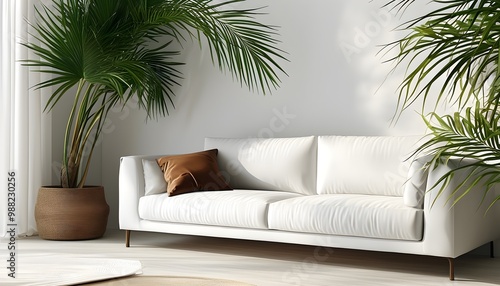 Serene Modern Living Room with White Sofa and Indoor Palm Plant