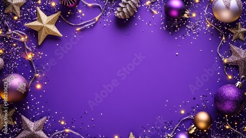 Sparkling Winter Wonderland on Royal Purple Background with Glowing Fairy Lights - Festive Holiday Flat Lay Composition with Space for Text photo