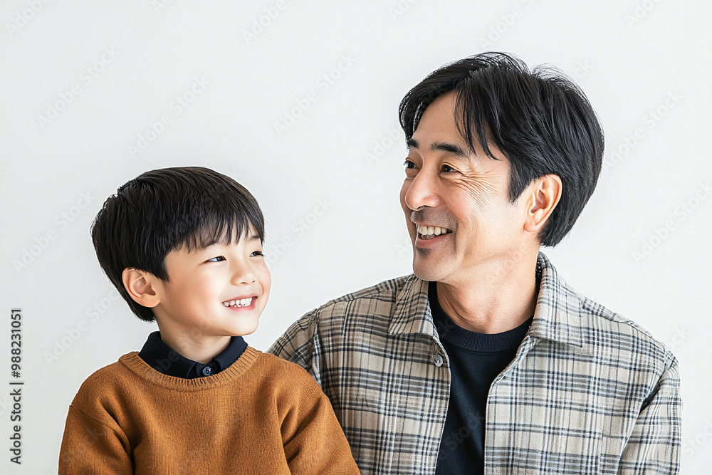 Loving father and young son smiling and sharing joyful moments, either looking at each other or at the camera, in a cozy white studio setting, capturing heartwarming family interactions. Loving father and young son smiling and sharing joyful moments, either looking at each other or at the camera, in a cozy white studio setting, capturing heartwarming family interactions.