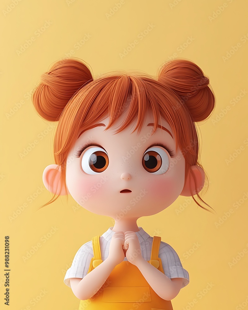 Cute 3D Cartoon Girl Illustration with Orange Hair, Big Eyes and Yellow Outfit Cute 3D Cartoon Girl Illustration with Orange Hair, Big Eyes and Yellow Outfit