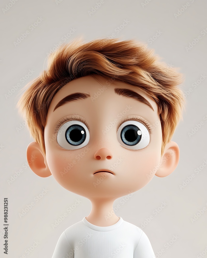 3D Cartoon Illustration of a Boy with Blonde Hair and Blue Eyes Looking Up