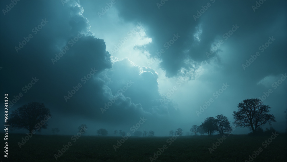 Mysterious landscape with dark clouds and silhouettes of trees in moody atmosphere Mysterious landscape with dark clouds and silhouettes of trees in moody atmosphere